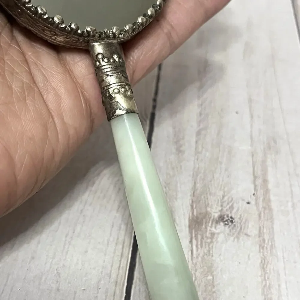 Vintage Asian Vanity Mirror Geisha Enamel Green Handle Cloisonné Style